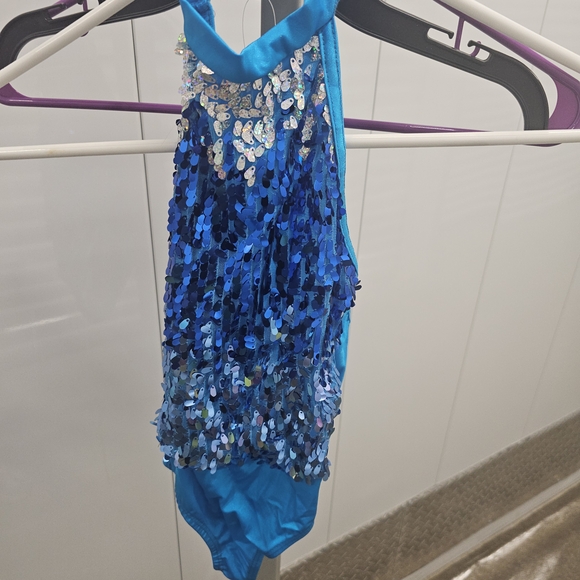 Shimmering Blue Sequin Dance Costume for Kids (Includes Skirt) - Picture 1 of 5